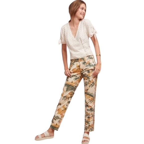 Chino by Anthropologie Relaxed Trousers Tropical Floral Bird Print Sz 26T - Picture 1 of 13